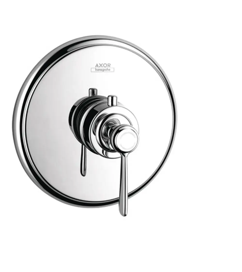 AXOR Unterputz-Thermostat mit einem runden, verchromten Bedienfeld und Hebelgriff zur Temperaturregelung, montiert an einer Wand.